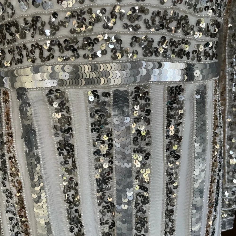 Adrianna Papell Ivory, Silver and Gold Stripe Sequin and Bead Sheath Dress 14